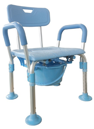 霧面陽(yáng)極藍(lán)色方型座板無(wú)上層帶靠背板帶扶手大圓底腳墊帶圓形四耳便桶洗澡椅  型號(hào)：YM-F29-2-